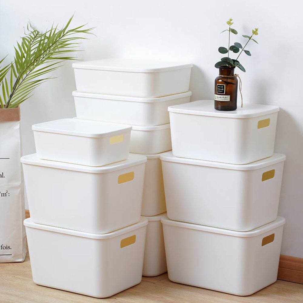 Eine Gruppe von weißen Plastikbehältern mit Deckeln, die auf einem Holzboden in der Nähe einer Wand gestapelt sind, mit einer Topfpflanze und einer braunen Flasche mit einer kleinen Pflanze in der Nähe.