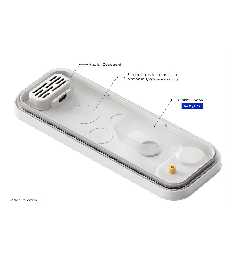 Il contenitore DATEMATE KLAR Bianco con timer di cottura di BNB x VCN ha una scatola per essiccante, fori per porzioni (1/2/3), un cucchiaio da 30 ml per le taglie M/L/XL, è impilabile e a tenuta d'aria. Parte della collezione Vacane - 3.