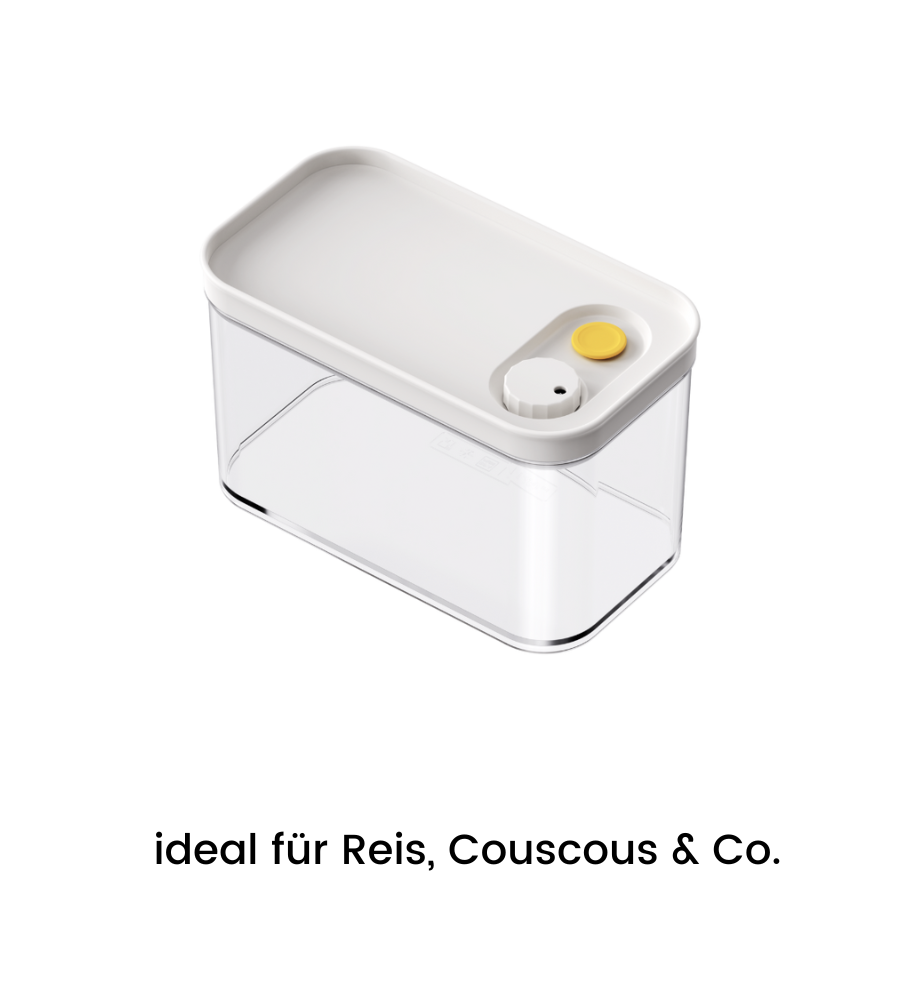 Nella foto c'è un contenitore trasparente e impilabile DATEMATE KLAR Bianco di BNB x VCN con coperchio bianco e pulsante giallo su sfondo bianco. Il testo in tedesco sotto dice: perfetto per riso, couscous e simili.