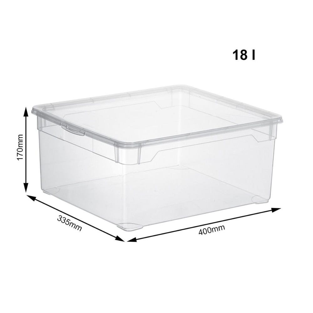 Durchsichtige Kunststoffbox mit Deckel, 18 Liter Volumen, Maße 400x335x170mm.