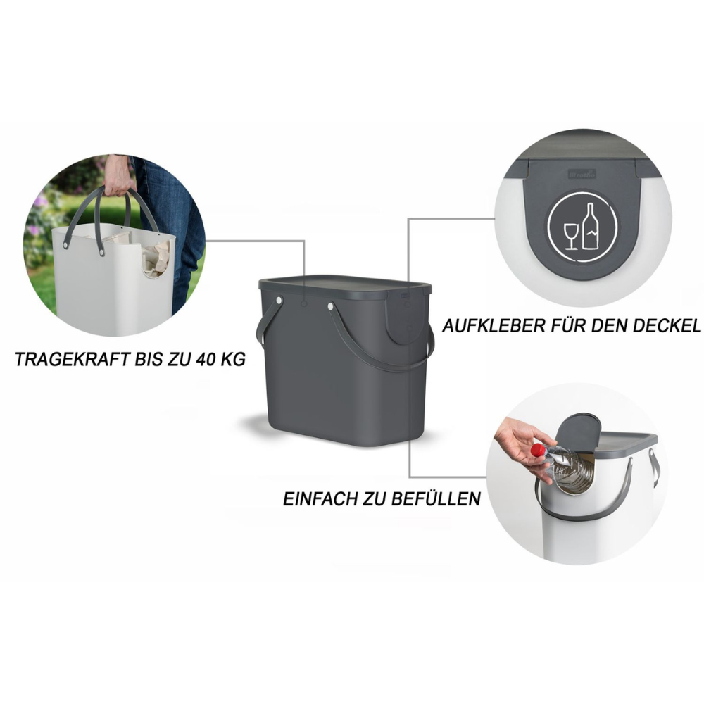Das Rotho 3er-Set ALBULA Recycling Müllsystem 25L in Anthrazit verfügt über stapelbare Behälter mit Griffen, 40 kg Fassungsvermögen, leicht zu befüllende Öffnungen und Aufkleber für eine flexible Abfalltrennung in jeder organisierten Recyclinganlage.