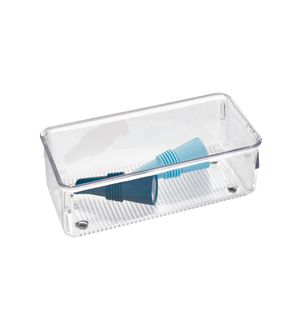Boîte transparente avec deux grattoirs en silicone bleus, sur fond blanc.