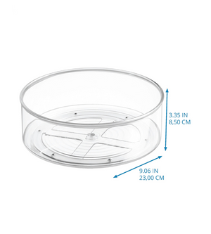 Der iDesign BINZ - Drehteller Lazy Susan KLAR (23cm x 8,5cm) ist ein durchsichtiger, runder Organizer, der sich ideal für eine um 360° drehbare Aufbewahrung eignet. Er ist mit blauer Schrift und Pfeilen dargestellt, die seine Abmessungen kennzeichnen.
