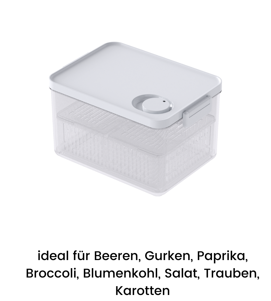 The DATEMATE KLAR White Food Storage Container with Shelf Life Timer from BNB x VCN features a stackable design, white lid, adjustable ventilation, and is ideal for storing berries, cucumbers, peppers, broccoli, cauliflower, lettuce, grapes, and carrots.