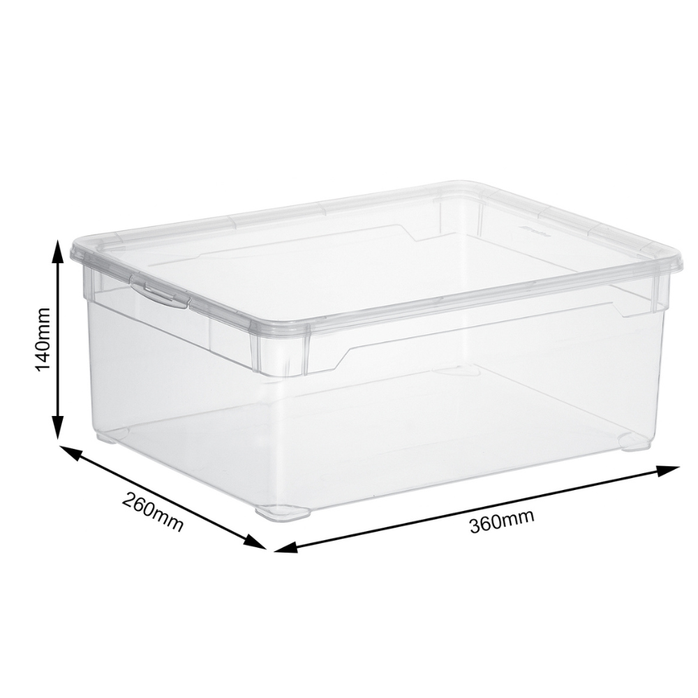 Die Rotho Aufbewahrungsbox CLEAR 10L (36x26x14cm) ist stapelbar, transparent und mit Deckel. Schwarze Pfeile und Maßangaben zeigen anschaulich die Größe der Box.