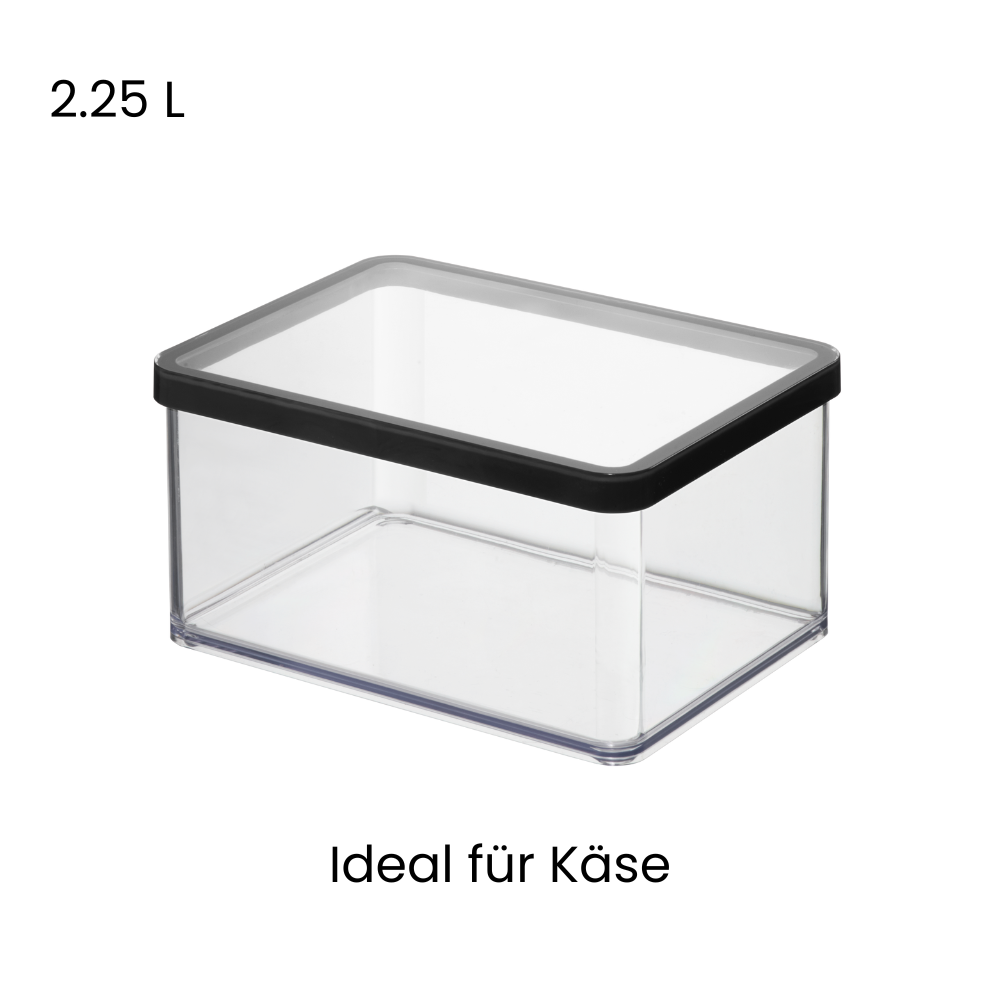 Boîte transparente avec un couvercle noir, avec l'inscription « 2,25 L, parfait pour le fromage ».