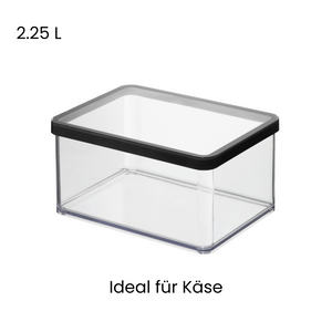Boîte transparente avec un couvercle noir, avec l'inscription « 2,25 L, parfait pour le fromage ».