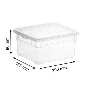 Die stapelbare Rotho Aufbewahrungsbox CLEAR 2L (19x16,5x9 cm) aus transparentem Material mit Deckel eignet sich ideal für platzsparende Organisation.
