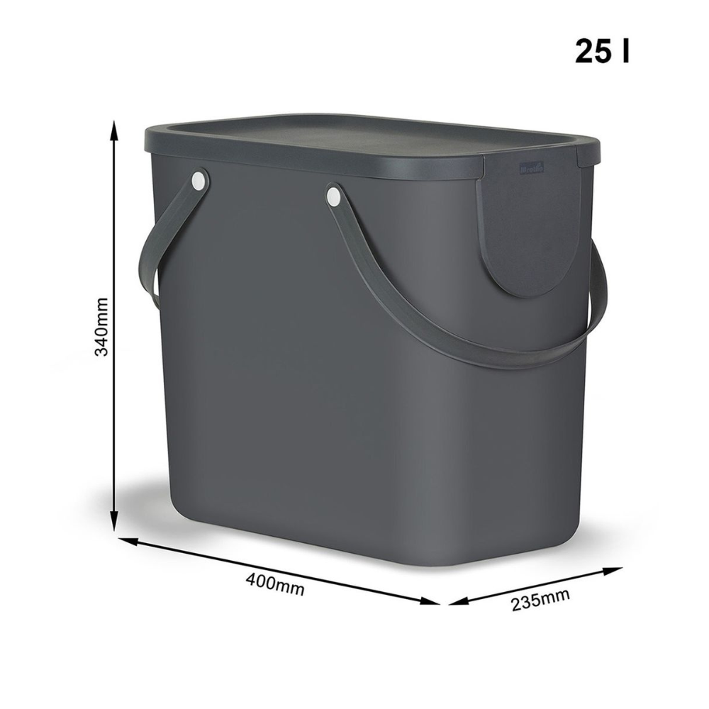 Das 3er-Set ALBULA Recycling Müllsystem 25L von Rotho in Anthrazit bietet rechteckige, stapelbare Behälter mit Deckel und seitlichen Griffen (340x400x235mm), perfekt für platzsparende Abfalltrennung und Recycling.