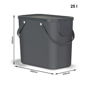 Das 3er-Set ALBULA Recycling Müllsystem 25L von Rotho in Anthrazit bietet rechteckige, stapelbare Behälter mit Deckel und seitlichen Griffen (340x400x235mm), perfekt für platzsparende Abfalltrennung und Recycling.