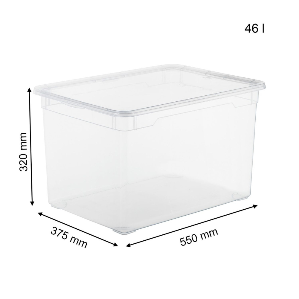 Die stapelbare Rotho Aufbewahrungsbox CLEAR 46L (55x37,5x32cm) bietet mit Deckel und schwarzen Messpfeilen an den Seiten transparente Übersicht und praktischen Stauraum.