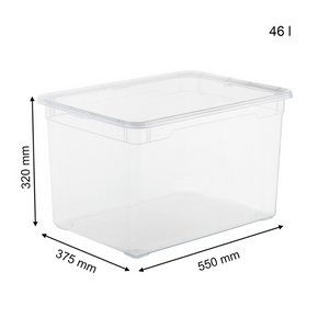 Die stapelbare Rotho Aufbewahrungsbox CLEAR 46L (55x37,5x32cm) bietet mit Deckel und schwarzen Messpfeilen an den Seiten transparente Übersicht und praktischen Stauraum.