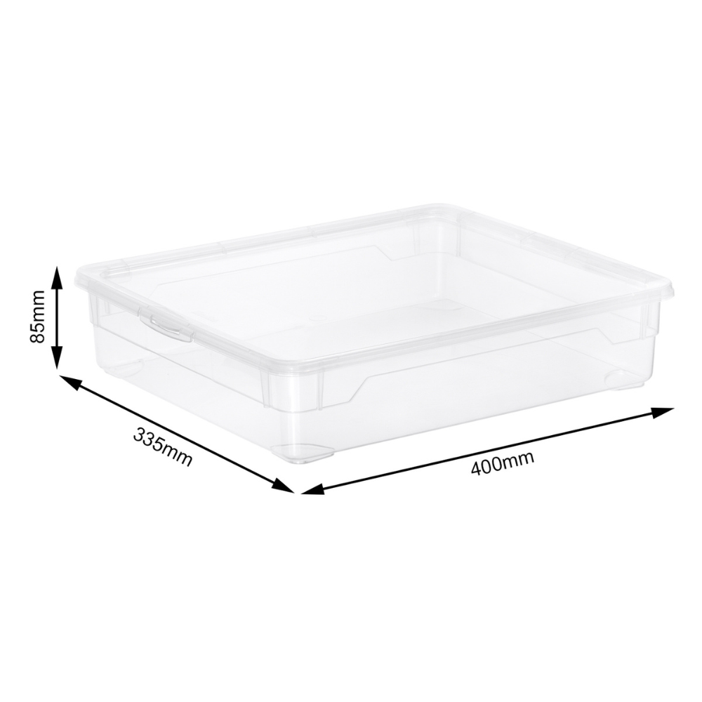 Die Rotho Aufbewahrungsbox CLEAR 9L (40x33,5x8,5cm) mit Deckel ist auf einem weißen Hintergrund abgebildet. Diese stapelbare Box ist ideal für die organisierte Aufbewahrung.