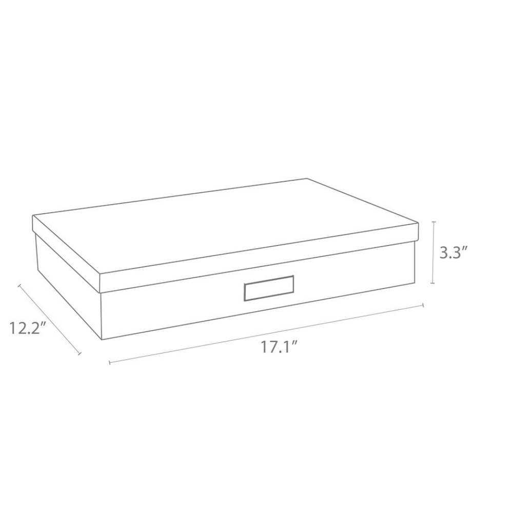 Strichzeichnung der Bigso's SVERKER Aufbewahrungsbox A3 - Grau mit Deckel, beschriftet 17.1" B x 12.2" T x 3.3" H, plus ein kleines vorderes Beschriftungsfeld für praktische Dokumentenaufbewahrung.