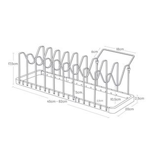 Strichzeichnung des YAMAZAKI TOWER Kochgeschirr-Organizers ausziehbar in Schwarz, zeigt vertikale Trennwände, Maße: 45-82 cm lang, 20 cm breit, 17,5 cm hoch. Perfekt als Pfannen-Organizer für jede Küche geeignet.