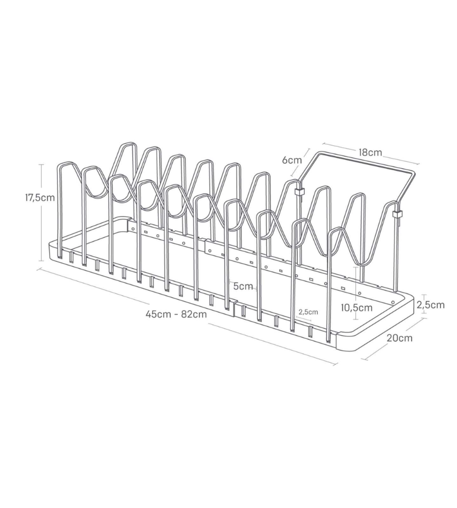 Strichzeichnung des YAMAZAKI TOWER Kochgeschirr-Organizers ausziehbar in Weiß, mit 8 Slots. Maße: Breite 45-82 cm, Höhe 17,5 cm, Tiefe 20 cm; Slot-Abstand 2,5 cm; Endpaneel: 18 x 6 cm.