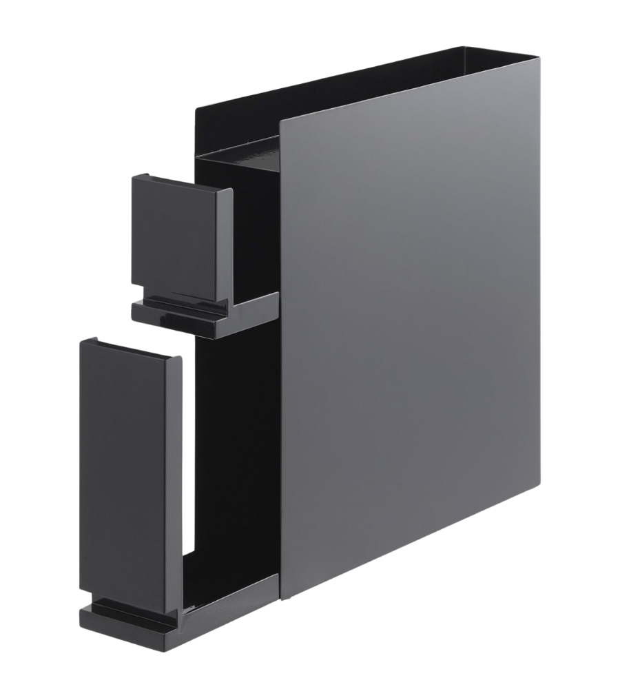 Das YAMAZAKI TOWER Gewürzregal 2-stöckig in Schwarz ist ein modernes, minimalistisches Gewürzregal aus Metall mit zwei rechteckigen Etagen und einer magnetischen Oberfläche, abgebildet auf einem weißen Hintergrund.