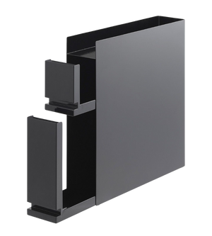 Das YAMAZAKI TOWER Gewürzregal 2-stöckig in Schwarz ist ein modernes, minimalistisches Gewürzregal aus Metall mit zwei rechteckigen Etagen und einer magnetischen Oberfläche, abgebildet auf einem weißen Hintergrund.