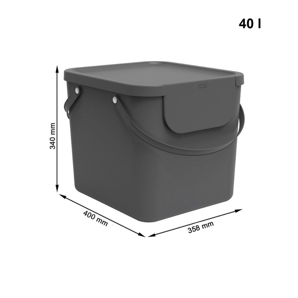 Das Rotho 3er Set - ALBULA Recycling Müllsystem 40L (Anthrazit) besteht aus dunkelgrauen, rechteckigen Kunststoffbehältern mit Deckel und Griff, je 340x400x358 mm. Ideal für die Mülltrennung; Stapelbügel zur einfachen Aufbewahrung.
