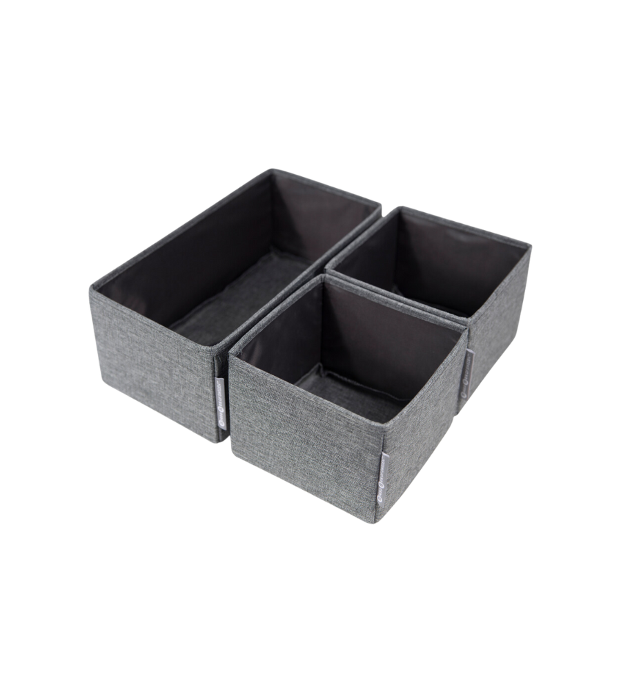 Drei graue Boxen, rechteckig, weißer Hintergrund.