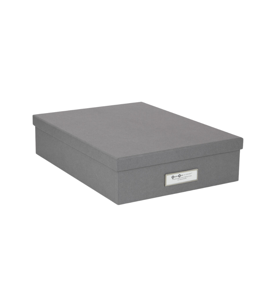 Die Bigso OSKAR Aufbewahrungsbox A4 in grau, eine geschlossene rechteckige Aufbewahrungsbox mit aufgesetztem Deckel und kleinem weißen Frontetikett, ist auf einem schlichten weißen Hintergrund abgebildet.