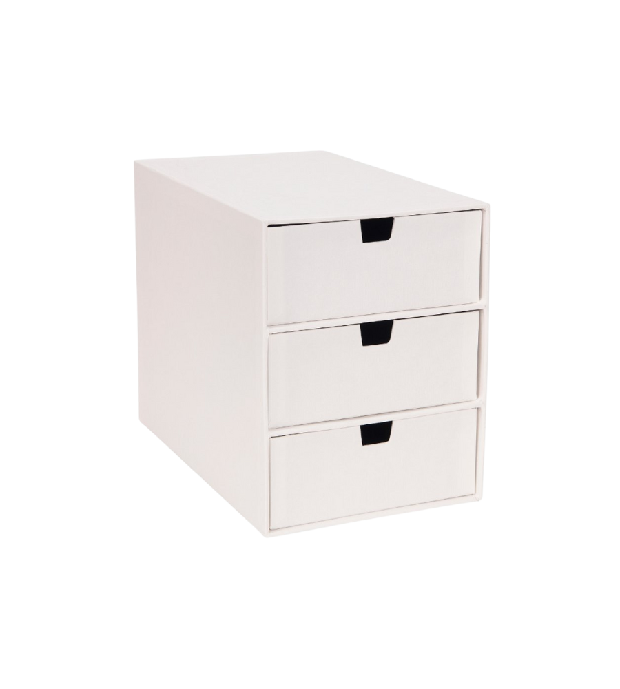 Die INGRID Schubladenbox 3 Fächer von Bigso in Weiß aus Karton mit schwarzen Griffen ist ideal zur Büroorganisation oder Makeup-Aufbewahrung und wird auf schlichtem weißem Hintergrund präsentiert.