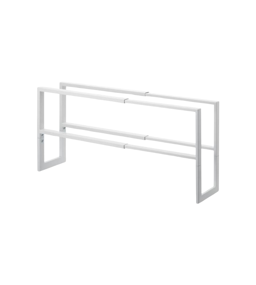 Das YAMAZAKI LINE Schuhregal ausziehbar - Weiss ist ein minimalistisches, weißes Metall-Schuhregal mit zwei horizontalen Stangen und rechteckigen Seitenstützen für die Wand- oder Aufputzmontage und bietet eine stilvolle Aufbewahrung. Abgebildet auf einem schlichten weißen Hintergrund.