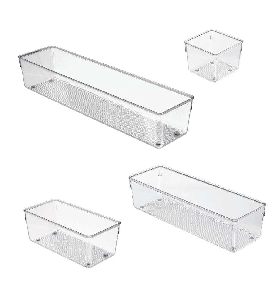 Four clear iDesign LINUS drawer organizers HIGH containers in various sizes are arranged on a white background. This set includes two small and two large organizers, ideal for efficient storage.