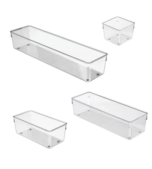 Four clear iDesign LINUS drawer organizers HIGH containers in various sizes are arranged on a white background. This set includes two small and two large organizers, ideal for efficient storage.