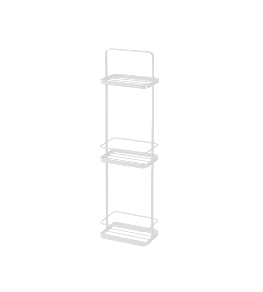 Der YAMAZAKI TOWER Badregal - Weiss ist ein minimalistisches, dreistufiges, rechteckiges Metallregal mit dünnem Rahmen, großzügigem Stauraum und gleichmäßig verteilten offenen Fächern, die vor einem schlichten weißen Hintergrund stehen.