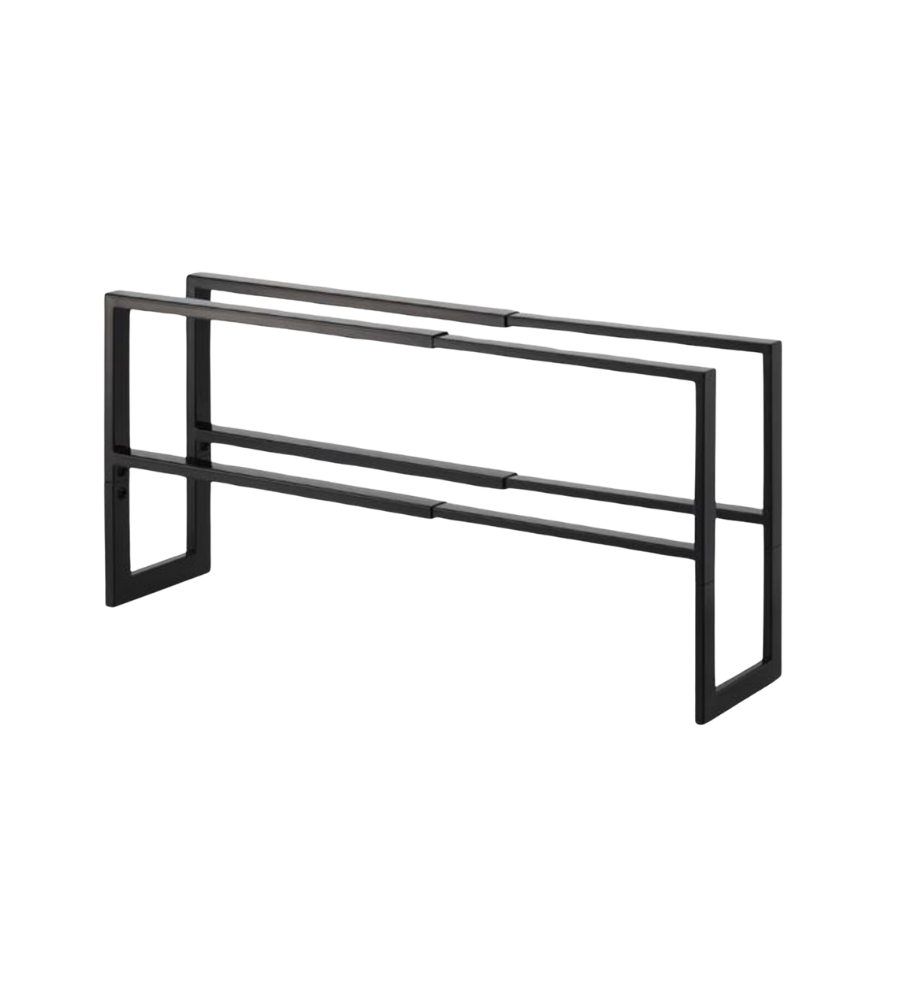 Ein minimalistischer, schwarzer Metall-Handtuchhalter mit zwei parallelen Stangen und rechteckigen Seitenrahmen im Stil des YAMAZAKI LINE Schuhregals ausziehbar - Schwarz steht auf weißem Grund.