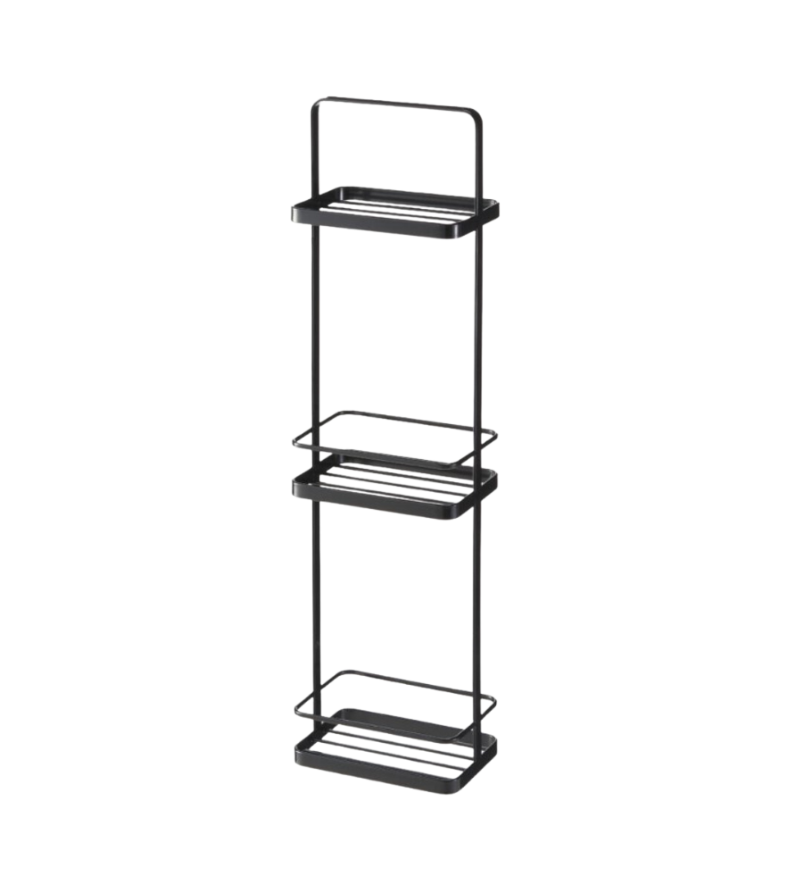Das YAMAZAKI TOWER Badregal - Schwarz ist ein schwarzes, dreistufiges Metallregal mit rechteckigen Fächern und offenen Seiten für optimale Organisation und Stauraum, dargestellt auf einem schlichten weißen Hintergrund.