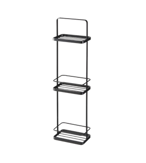 Das YAMAZAKI TOWER Badregal - Schwarz ist ein schwarzes, dreistufiges Metallregal mit rechteckigen Fächern und offenen Seiten für optimale Organisation und Stauraum, dargestellt auf einem schlichten weißen Hintergrund.