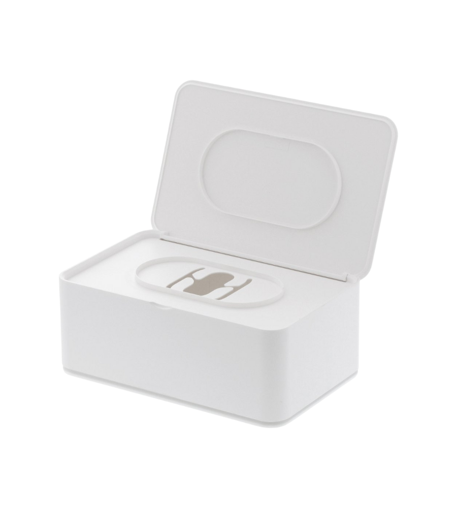 Die YAMAZAKI SMART Feuchttücherbox - Weiss ist eine weiße, rechteckige Box mit einem Scharnierdeckel und einer Innenöffnung, ideal für die bequeme Ausgabe von Feuchttüchern.