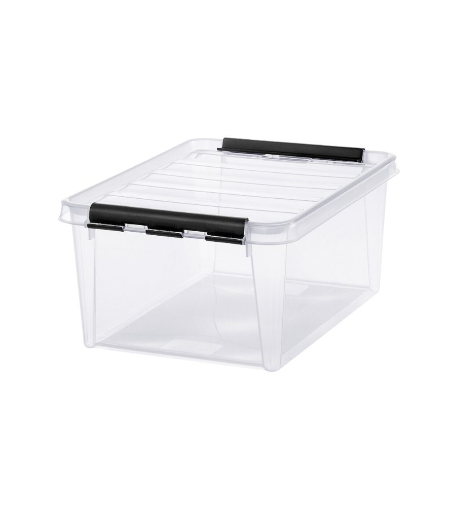 Die Orthex SmartStore Box KLAR (40x30x18cm, 14L) ist ein durchsichtiger, BPA-freier, rechteckiger Aufbewahrungsbehälter mit schwarzen Verriegelungsgriffen und einem transparenten Deckel, abgebildet auf einem schlichten weißen Hintergrund.