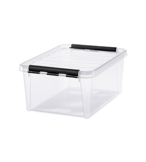Die Orthex SmartStore Box KLAR (40x30x18cm, 14L) ist ein durchsichtiger, BPA-freier, rechteckiger Aufbewahrungsbehälter mit schwarzen Verriegelungsgriffen und einem transparenten Deckel, abgebildet auf einem schlichten weißen Hintergrund.