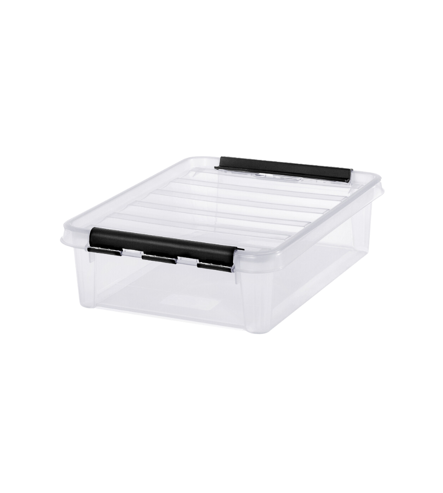 Die Orthex SmartStore Box KLAR - 40x30x11cm (7,5L) Flach ist eine BPA-freie, transparente Aufbewahrungsbox mit durchsichtigem Deckel und zwei schwarzen Verschlüssen, platzsparend stapelbar und ideal zur Organisation.