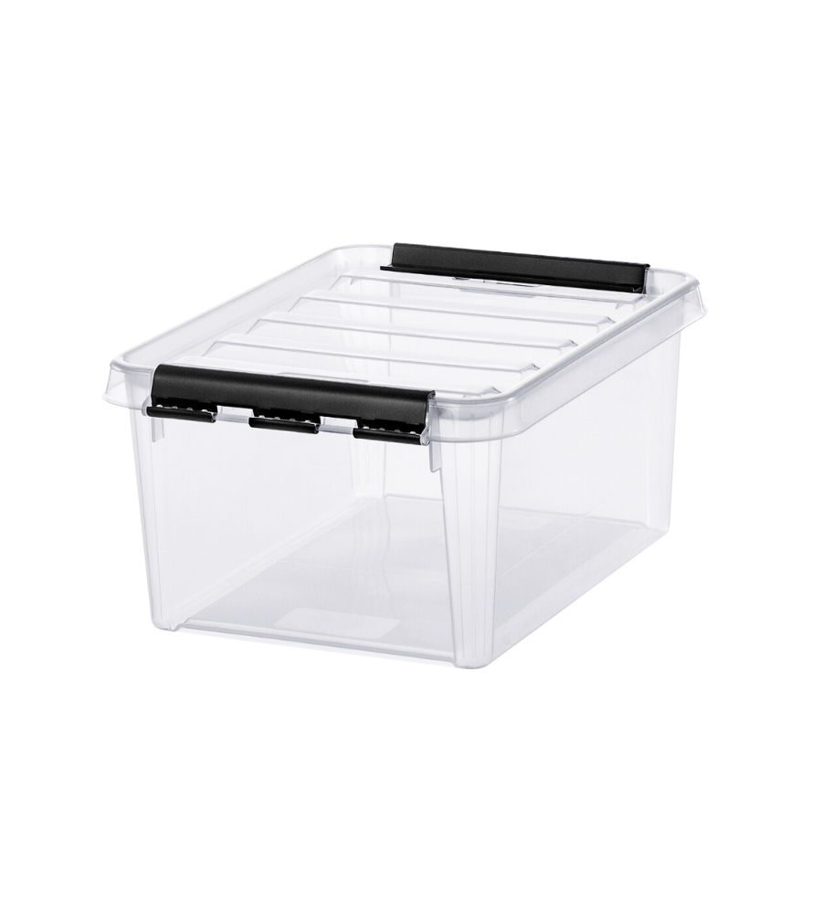 Transparente Box mit schwarzem Clipverschluss liegt auf weißer Fläche.
