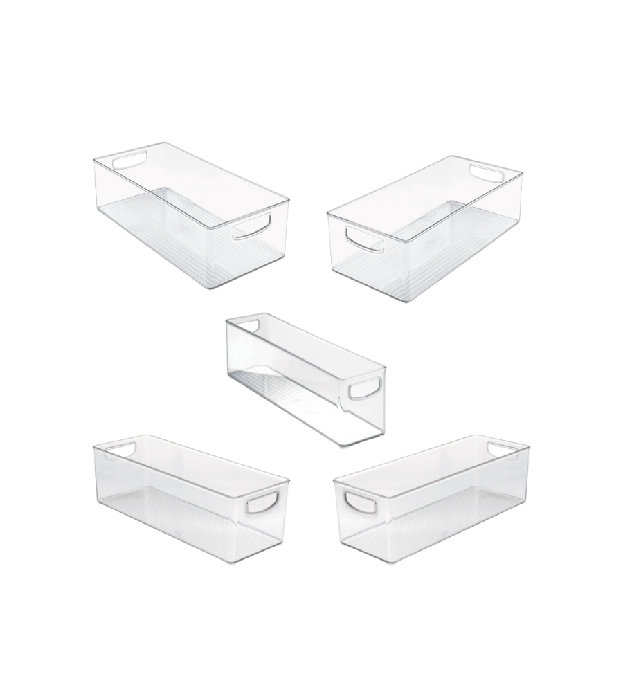 Das iDesign Küchen-Set MINI (5-teilig) bietet fünf übersichtliche, rechteckige Küchenhelfer mit integrierten Griffen, die sich ideal als stapelbare Aufbewahrungslösungen für Speisekammern oder Arbeitsplatten eignen.