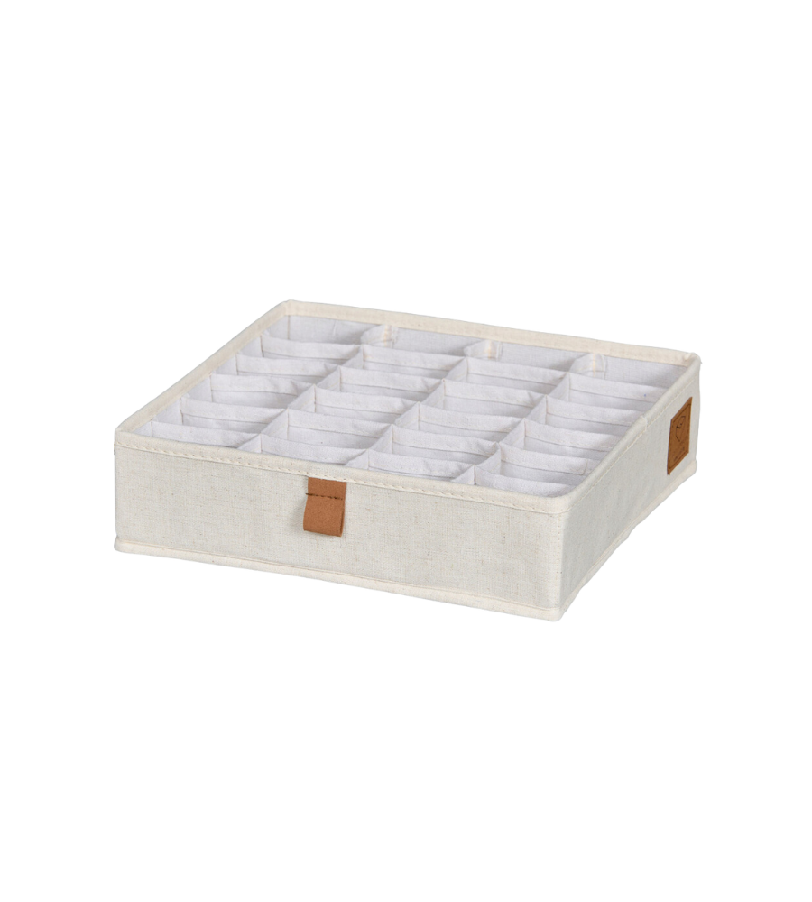 Der PREMIUM Wäsche Organizer Beige - 24 Fächer von Love it Store it überzeugt mit braunen Kunstleder-Akzenten und ist ideal zur Aufbewahrung von Unterwäsche, Socken oder kleinen Accessoires.