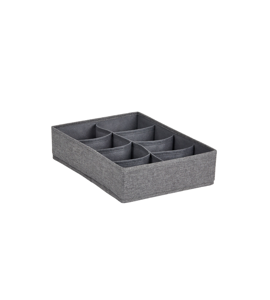Der PREMIUM Wäsche Organizer Grau - 8 Fächer von Love it Store it ist ein grauer Stoff-Organizer mit acht rechteckigen Fächern, ideal zum Sortieren von Kleidung oder Accessoires, und zeichnet sich durch ein schlichtes, modernes Design auf weißem Grund aus.