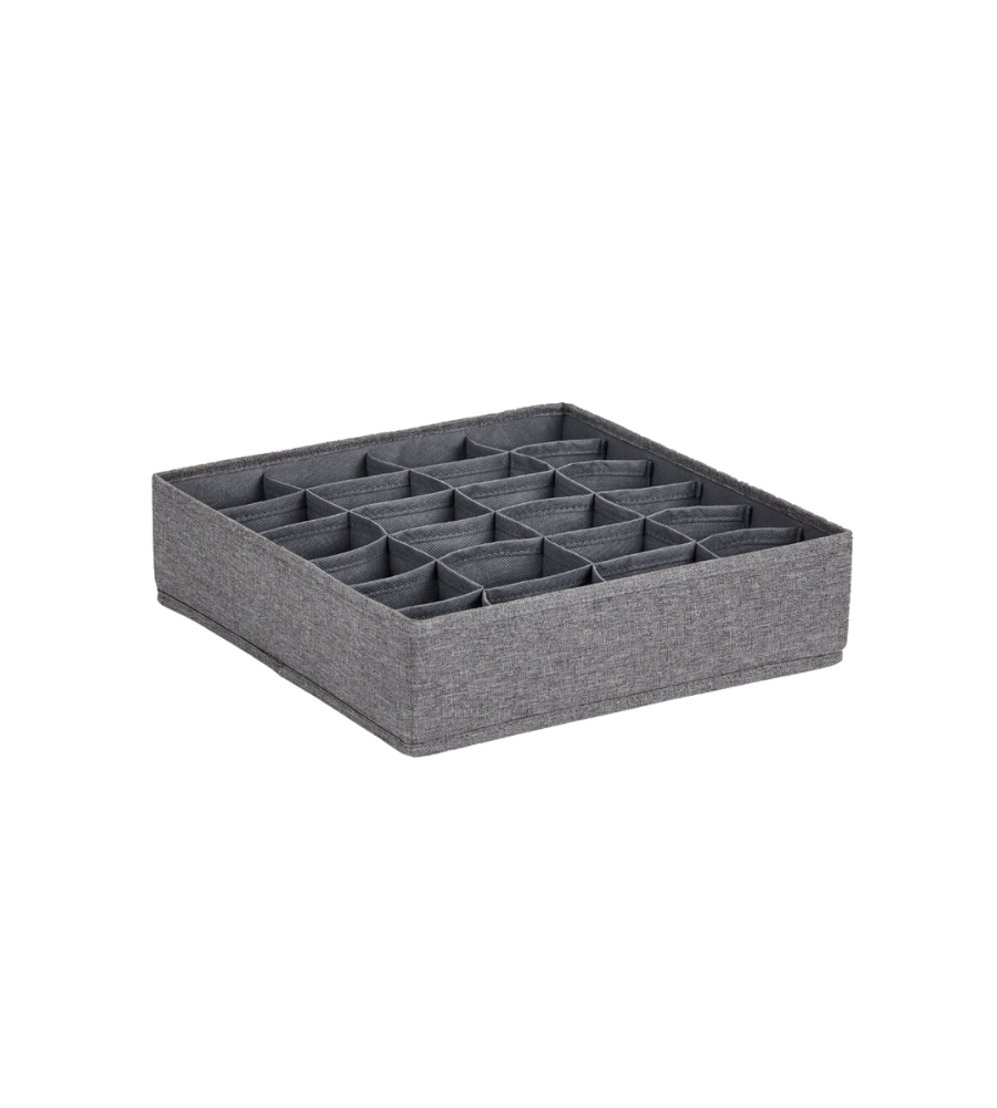 Der PREMIUM Wäsche Organizer Grau - 24 Fächer von Love it Store it hält Socken und Unterwäsche ordentlich sortiert. Er hat mehrere quadratische Fächer und ist auf einem schlichten weißen Hintergrund abgebildet.