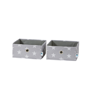 Zwei STAR Organizer breit Grau Boxen von Love it Store it, 2er-Set mit weißem Stern-Motiv, Griffen mit Metallösen und blauen Anhängern - ideal für die Organisation von Kinderzimmern.