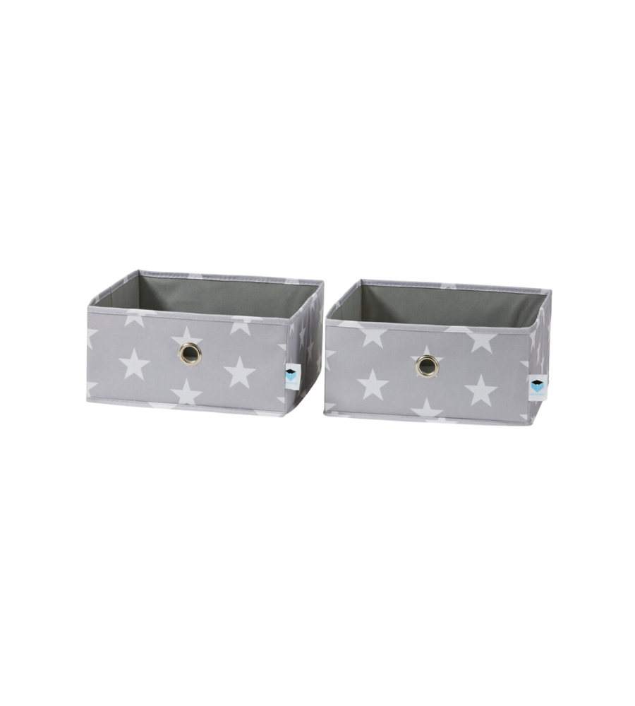 Zwei STAR Organizer breit Grau Boxen von Love it Store it, 2er-Set mit weißem Stern-Motiv, Griffen mit Metallösen und blauen Anhängern - ideal für die Organisation von Kinderzimmern.