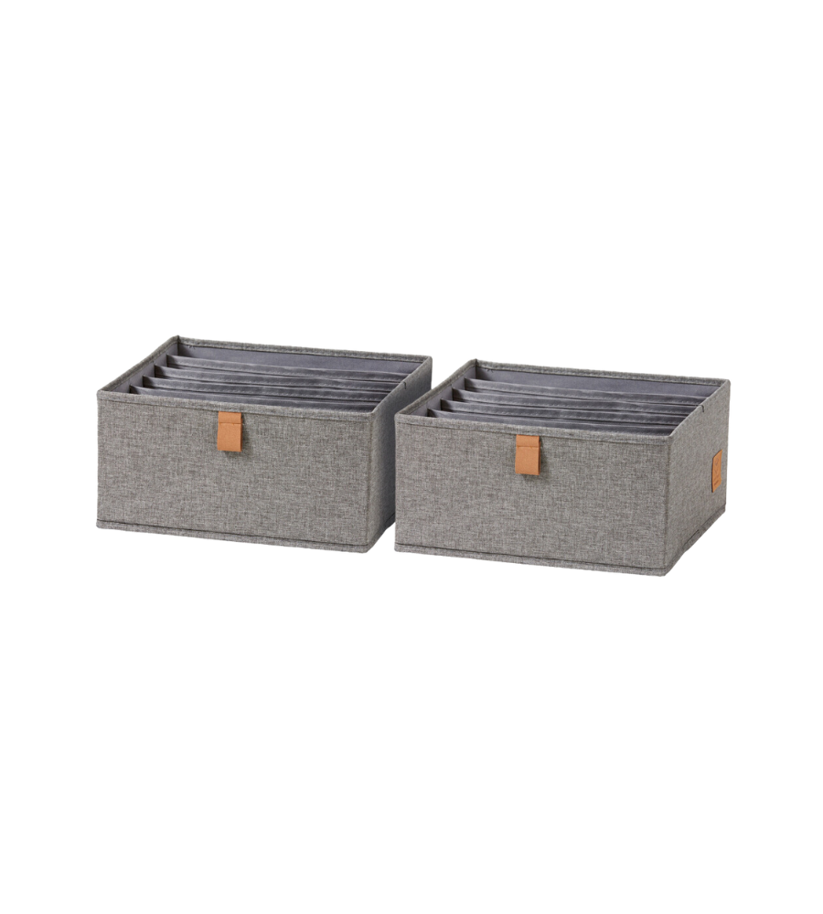 Der Love it Store it PREMIUM Organizer 6 Fächer breit Grau - Set 2 Stk besteht aus zwei grauen Organizern mit braunen Griffen und Trennwänden, die nebeneinander aufgestellt werden können - ideal für die ordentliche Aufbewahrung von Gegenständen in jedem Raum.