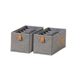 Zwei PREMIUM Organizer 6 Fächer schmal Grau von Love it Store it-rechteckige graue Behälter mit braunen Zuglaschen und Seitenetikett-kommen als 2er Set, ideal als Wäsche Organizer oder zur organisierten Aufbewahrung.