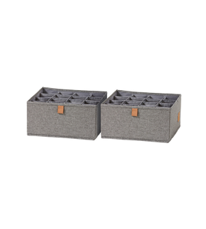 Zwei PREMIUM Organizer 16 Fächer Grau von Love it Store it, jeweils mit einem braunen Frontetikett, stehen nebeneinander auf einem schlichten weißen Hintergrund. Das Set enthält 2 graue Organizer, perfekt für Socken und Unterwäsche.