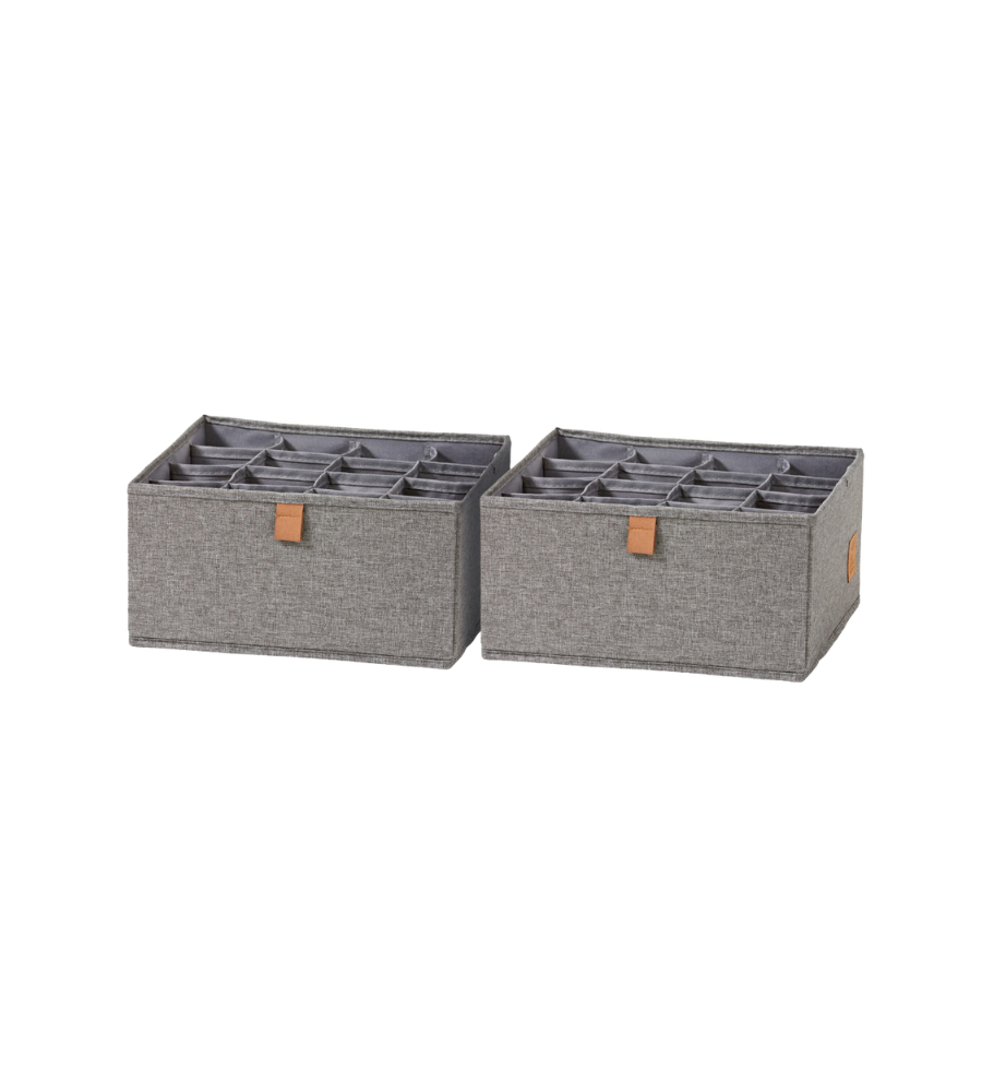Zwei PREMIUM Organizer 16 Fächer Grau von Love it Store it, jeweils mit einem braunen Frontetikett, stehen nebeneinander auf einem schlichten weißen Hintergrund. Das Set enthält 2 graue Organizer, perfekt für Socken und Unterwäsche.
