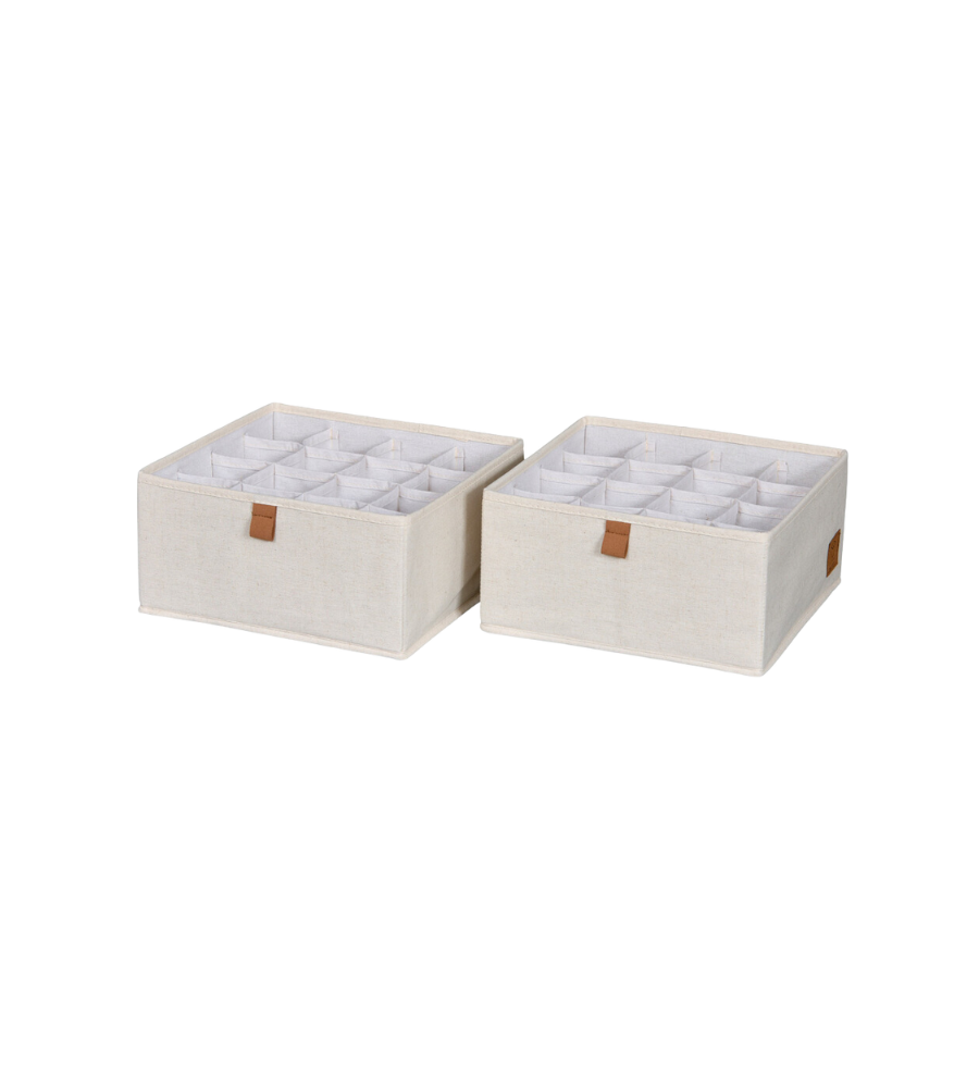 Zwei PREMIUM Organizer 16 Fächer Beige Aufbewahrungsboxen (Set 2 Stk) von Love it Store it, ideal für Socken und Unterwäsche Aufbewahrung, sind nebeneinander angeordnet mit braunen Tabs auf weißem Hintergrund.