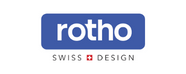 Blaues Logo mit weißem Text „rotho“, darunter „SWISS DESIGN“, Schweizer Kreuz zwischen den Wörtern.